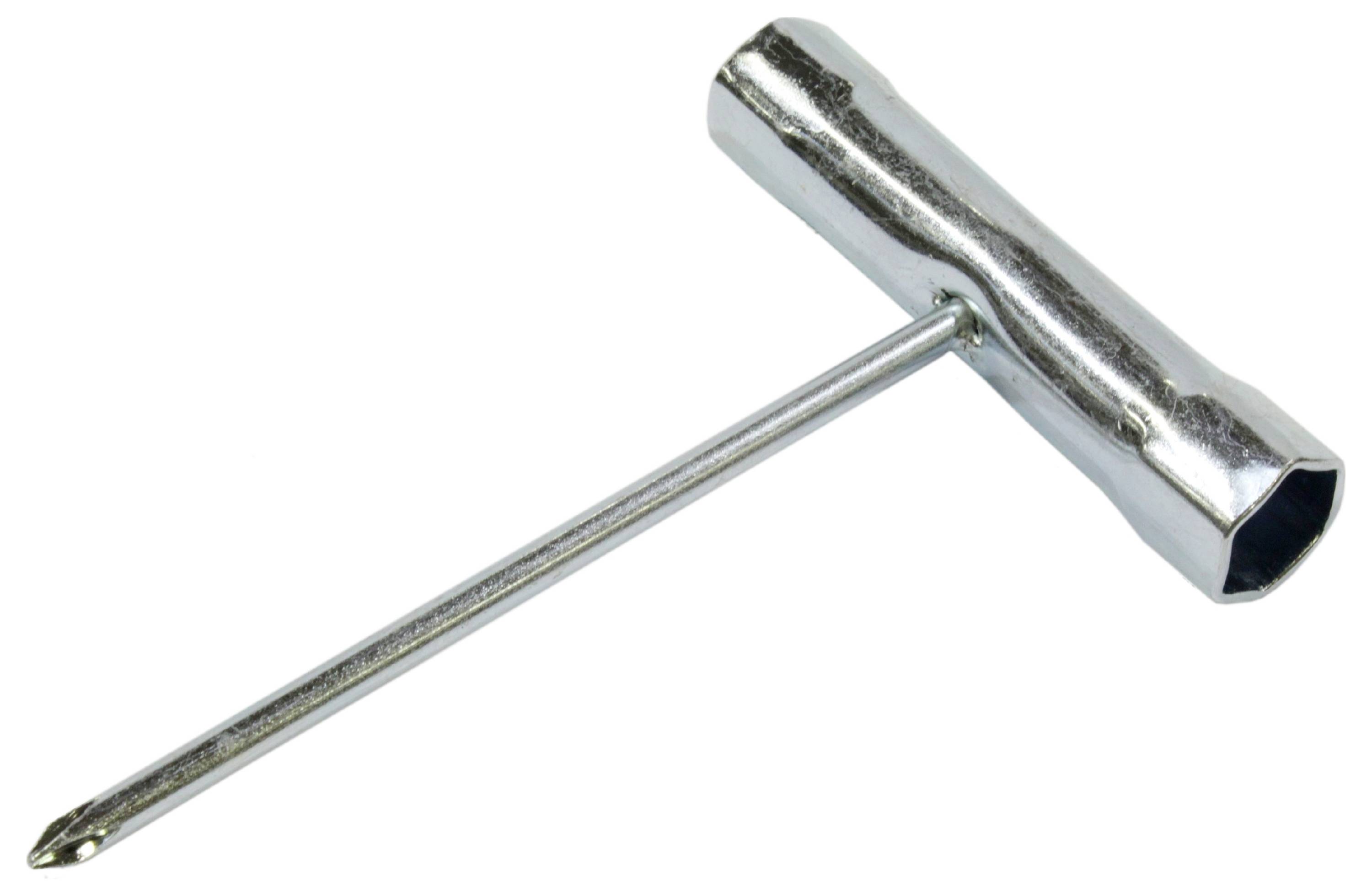 Een T-vormige metalen moersleutel met een cilindrische handgreep en een puntige schacht, gebruikt voor het aanpassen of vastdraaien van schroeven en bouten.