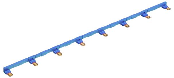Een blauwe elektrische railgeleider met gelijkmatig verdeelde metalen aansluitingen, gebruikt voor het distribueren van elektriciteit in elektrische systemen.