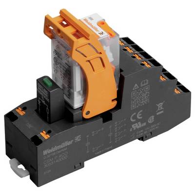 'Een Weidmüller relaismodule met oranje hendel en transparante behuizing met elektrische specificaties en veiligheidskentekens op een zwarte voet.'