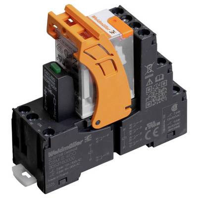 Een elektrische relais met een oranje hendel, voorzien van model- en certificeringsmarkeringen, gebruikt voor schakeltoepassing in elektrische circuits.