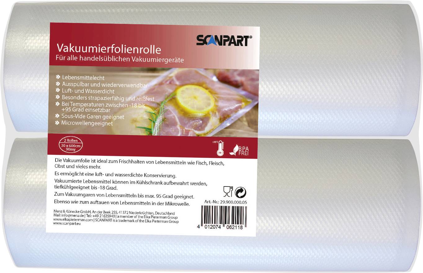 Een vacuümverpakkingsrol met eigenschappen zoals BPA-vrij, voedselveilig materiaal, geschikt voor verschillende vacuümsealers en magnetronbestendig.