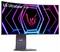 Gebogen LG UltraGear OLED-monitor met een neon zeshoekig ontwerp, waarbij het LG-logo zich in het midden bevindt.