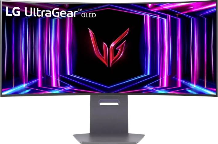 Een gebogen LG UltraGear OLED-monitor die een levendig, neon verlicht tunneleffect vertoont met het rode 'LG'-logo in het midden.