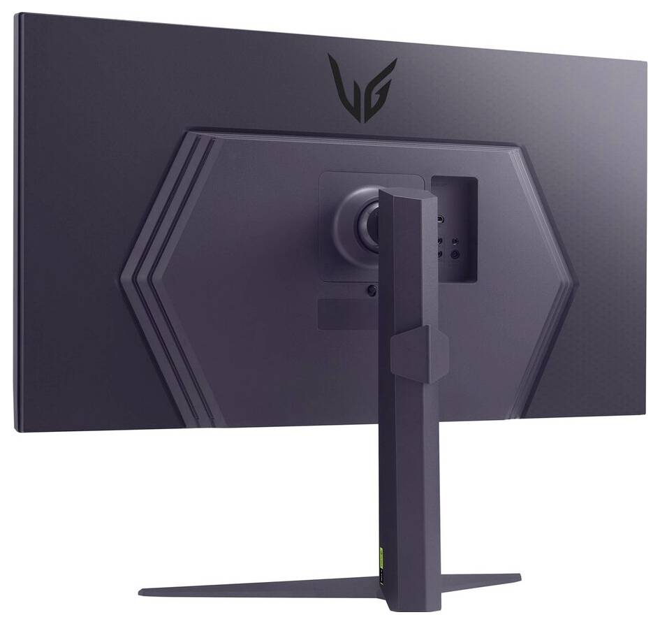Een zwarte gamingmonitor gezien van achteren, met een strak design met hoekige lijnen en een centrale bevestiging voor hoogteverstelling.
