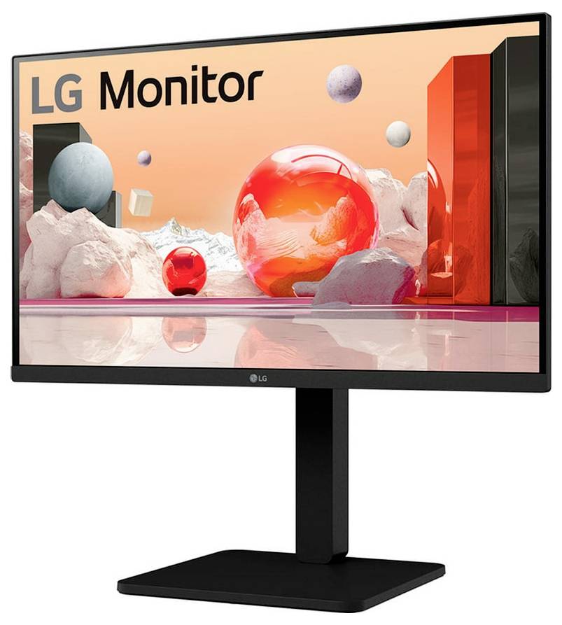 Een monitor waarop digitale kunst wordt weergegeven met abstracte bollen en geometrische vormen, met de tekst 'LG Monitor' in de linkerbovenhoek.