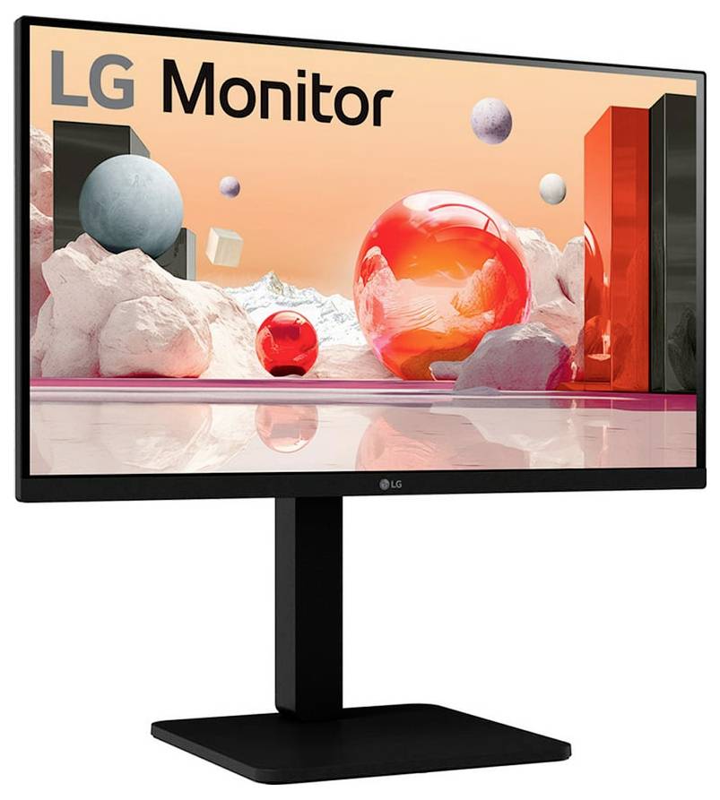'LG Monitor' op het scherm met abstracte kunst waarbij zwevende bollen en geometrische vormen zich aftekenen tegen een verlopen achtergrond.