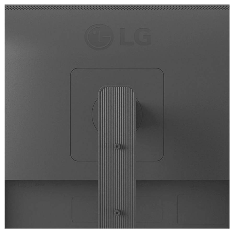Een zwarte LG-monitor van achteren gezien, met de standaard en het LG-logo.
