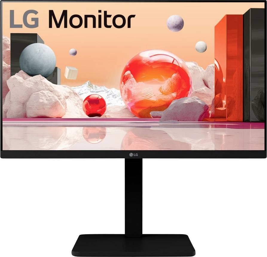 LG-monitor met een 3D abstract ontwerp met rode en grijze bollen en kubussen, geplaatst tegen een futuristische landschapsachtergrond.