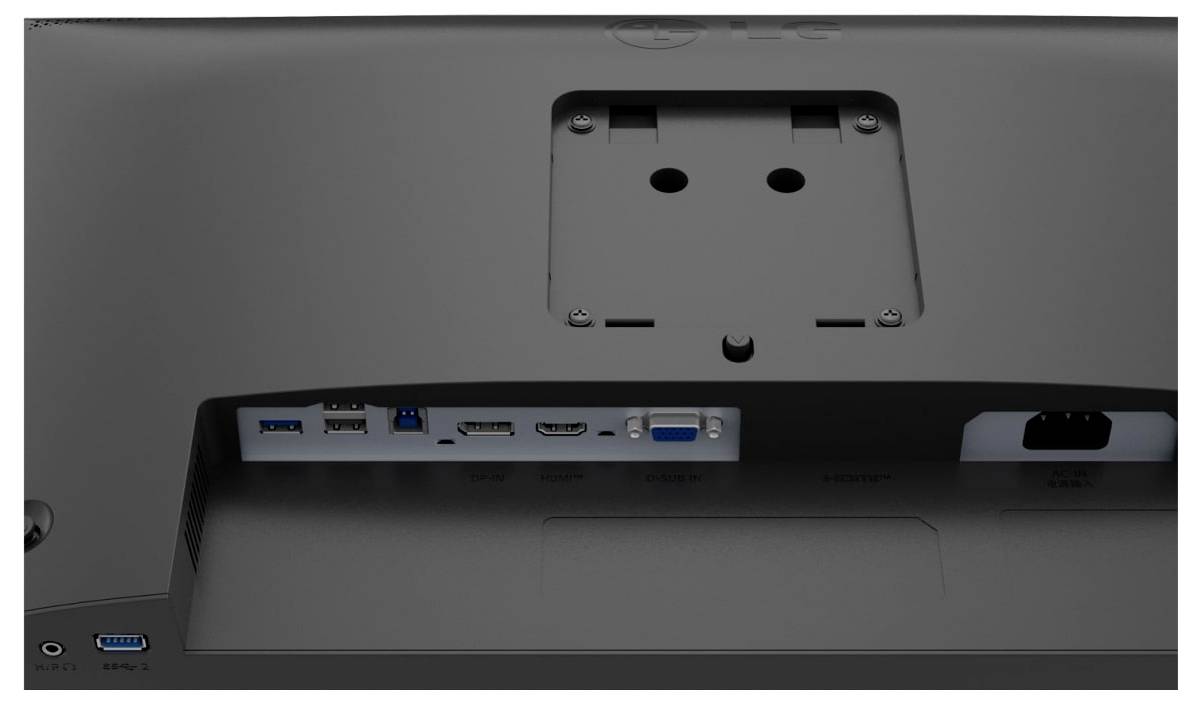 De afbeelding toont het achterpaneel van een monitor met meerdere aansluitingen. De aansluitingen omvatten HDMI, VGA, USB en DisplayPort. Boven de aansluitingen is een montagbeugel zichtbaar.