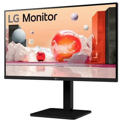 LG-monitor die een levendig abstract ontwerp vertoont met rode en roze bollen en kubussen op het scherm.