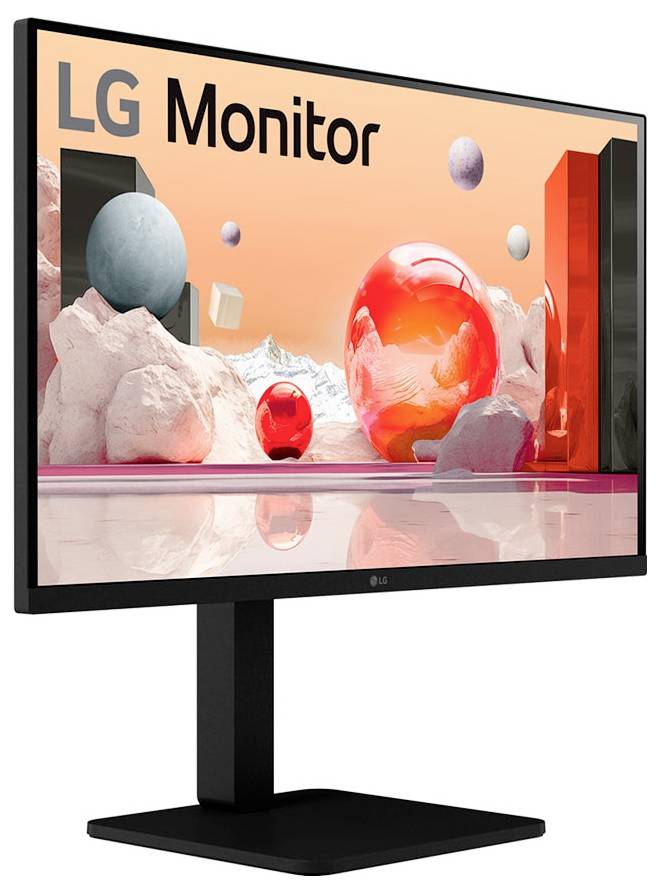 LG-monitor op standaard waarop een levendig digitaal kunstwerk wordt weergegeven met zwevende bollen en geometrische vormen tegen een roze en oranje achtergrond.