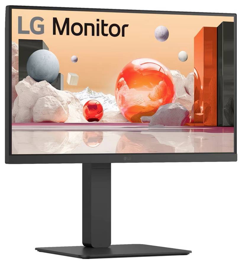 'LG-monitor' weergegeven op een scherm met levendige, digitale kunst met zwevende bollen en abstracte elementen, waarbij trillende kleuren worden benadrukt.