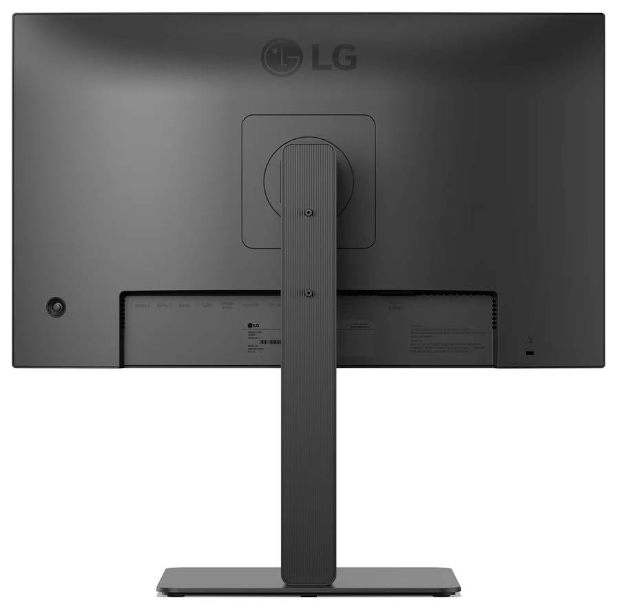De afbeelding toont het achterzicht van een LG-computermonitor met een verticale standaard en zichtbare poorten onderaan.