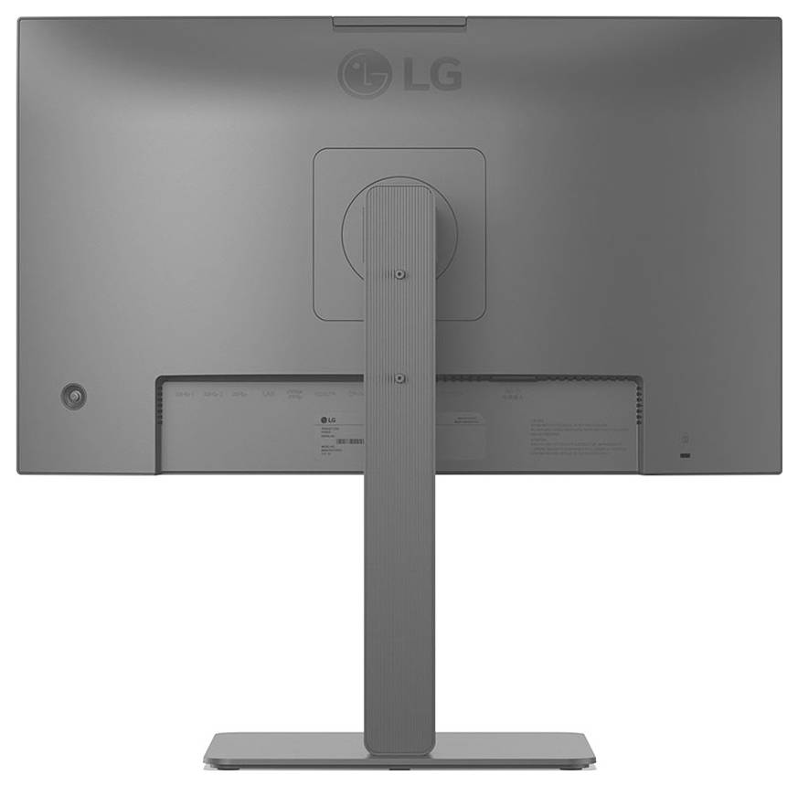 Achteraanzicht van een LG-monitor met de standaard en poorten aan de onderkant aan de achterkant.