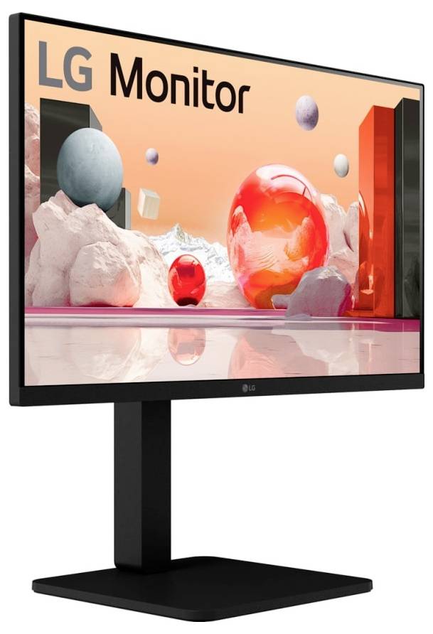 Een strak LG-scherm dat een kleurrijke abstracte achtergrond weergeeft met grote, zwevende bollen en geometrische vormen op een reflecterende oppervlakte.