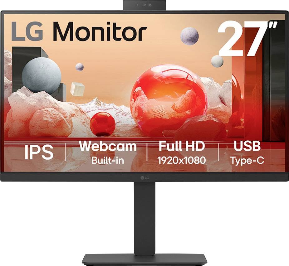 Een 27" LG-monitor wordt getoond, voorzien van IPS-technologie, ingebouwde webcam, Full HD-resolutie (1920x1080) en USB Type-C-connectiviteit.