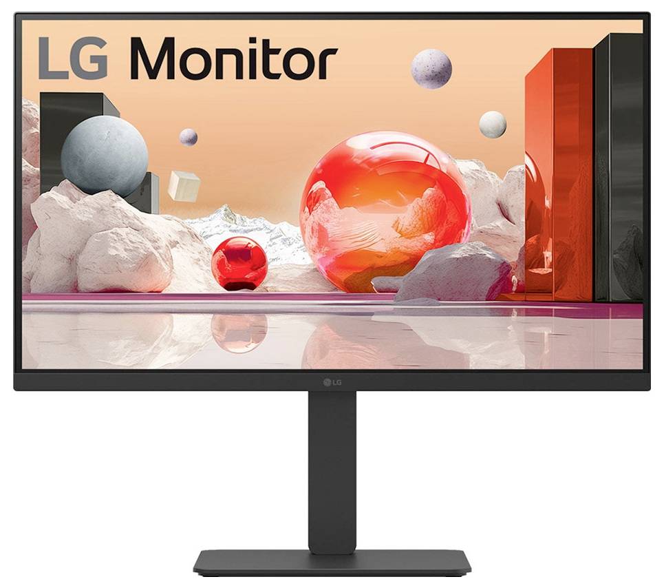 'LG-monitor' met een moderne standaard, waarop een futuristische 3D-scène wordt weergegeven met kleurrijke bollen en abstracte vormen tegen een oranje lucht.