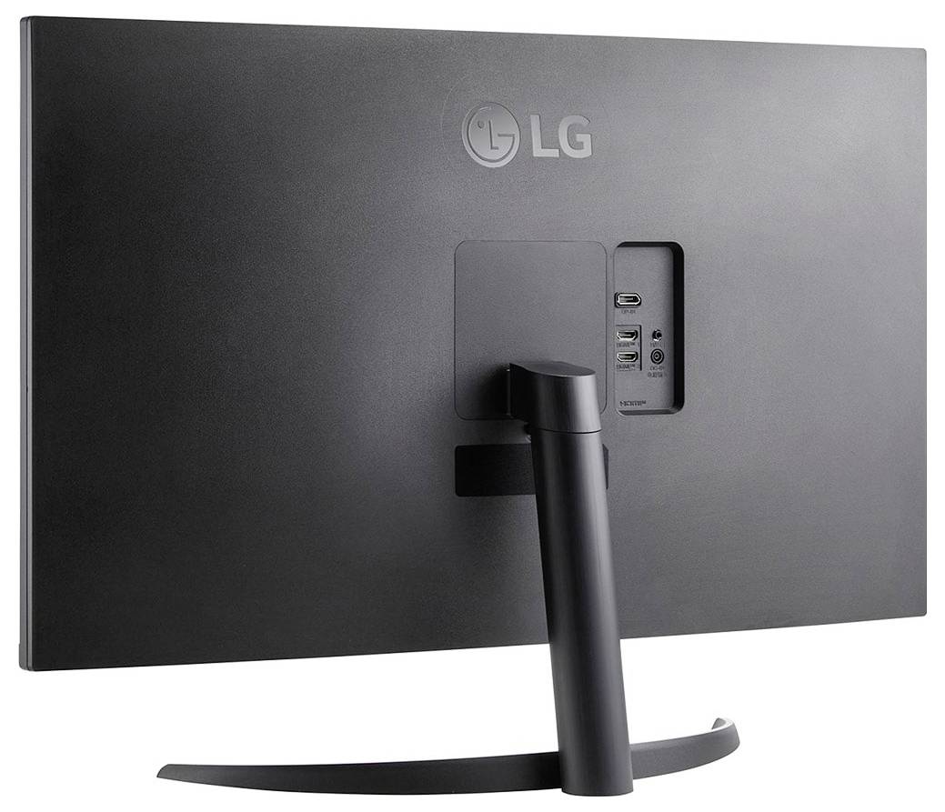 Achteraanzicht van een LG-monitor met aansluitingen: USB, HDMI en koptelefoonaansluiting in een centraal paneel.