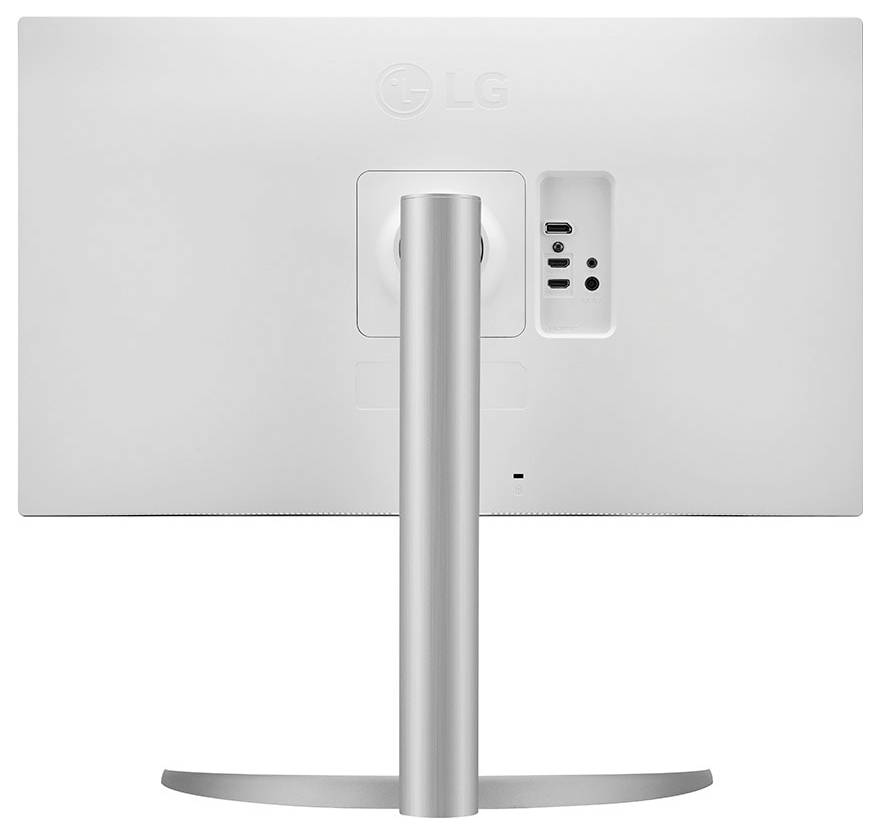 Achteraanzicht van een witte LG-monitor met een gebogen zilveren standaard, met aansluitpoorten in een verdiept gedeelte aan de achterkant.