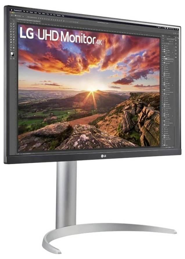 Een computermonitor waarop een levendig landschap wordt weergegeven, met de tekst 'LG UHD Monitor 4K'.
