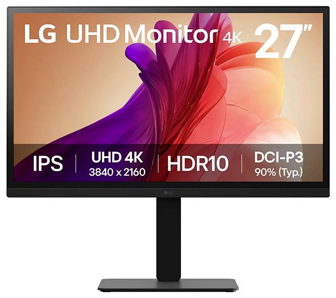 LG UHD-monitor, 27-inch display, voorzien van IPS-technologie, UHD 4K-resolutie (3840 x 2160), HDR10 en DCI-P3 90% kleurnauwkeurigheid.