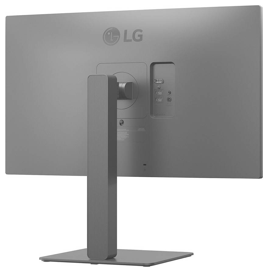 Een grijze LG-computermonitor gezien vanaf de achterkant, waarbij de poorten en de standaard zichtbaar zijn.