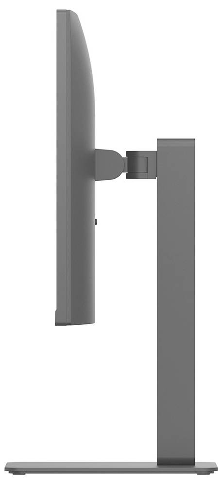 Zij-aanzicht van een moderne computermonitor op een standaard met een slanke vormgeving en minimale rand.