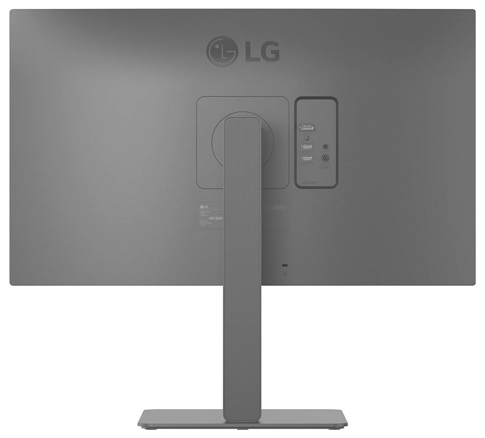 Het achteraanzicht van een LG-monitor met poorten en standaardbevestiging.