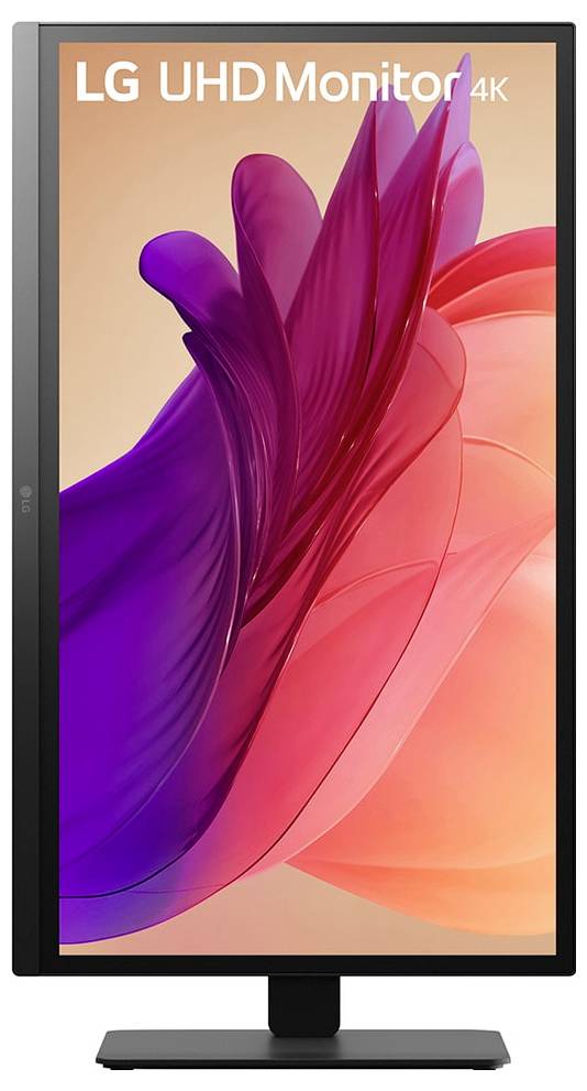'LG UHD-monitor 4K' met een dynamische, kleurrijke abstracte achtergrond. Het scherm heeft een minimaal frame, waardoor de weergave centraal staat.