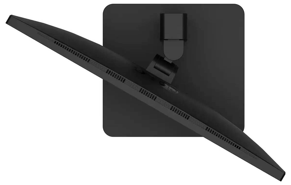 Luchtfoto van een zwarte computermonitor onder een hoek geplaatst op een vierkante standaard, waarbij de ventilatieopeningen aan de achterkant en zijkant zichtbaar zijn.