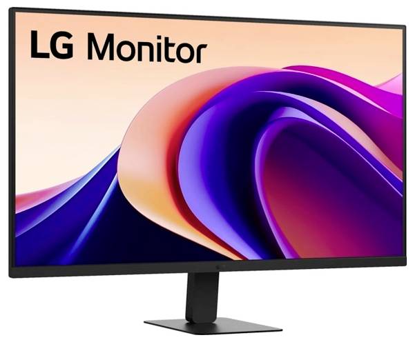 Een breedbeeldmonitor van LG die levendige abstracte golven in roze, paarse en blauwe tinten weergeeft, op een minimalistische zwarte standaard.
