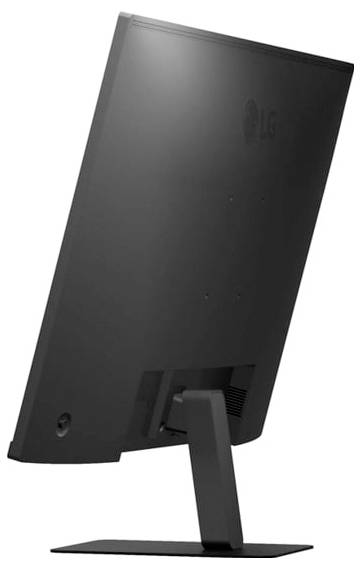 Een zwarte LG-computermonitor wordt van opzij getoond, waarbij het slanke, dunne ontwerp met een stevige standaard wordt geaccentueerd.