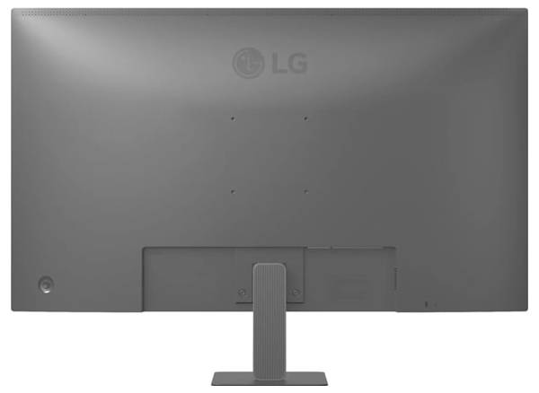 Achterkant van een LG computerscherm met de standaard en het LG-logo in het midden bovenaan.