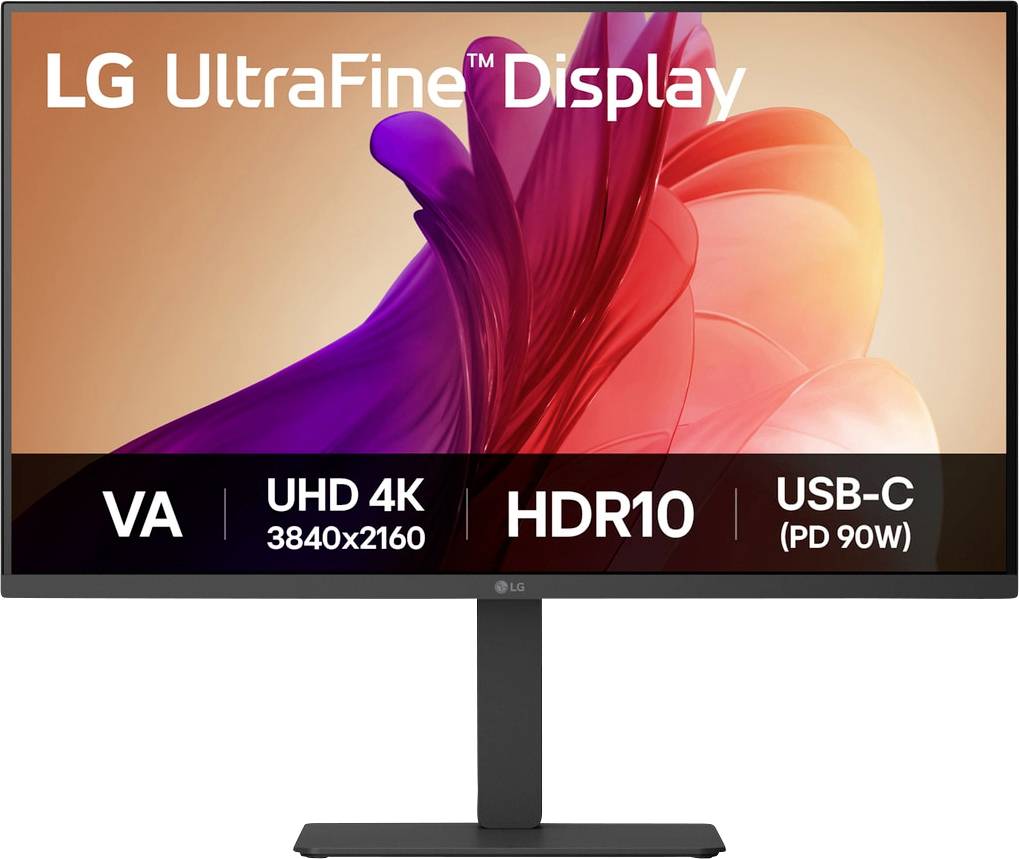 LG UltraFine Display-monitor met VA-paneel, UHD 4K-resolutie, HDR10, USB-C-poort en vermogenslevering.
