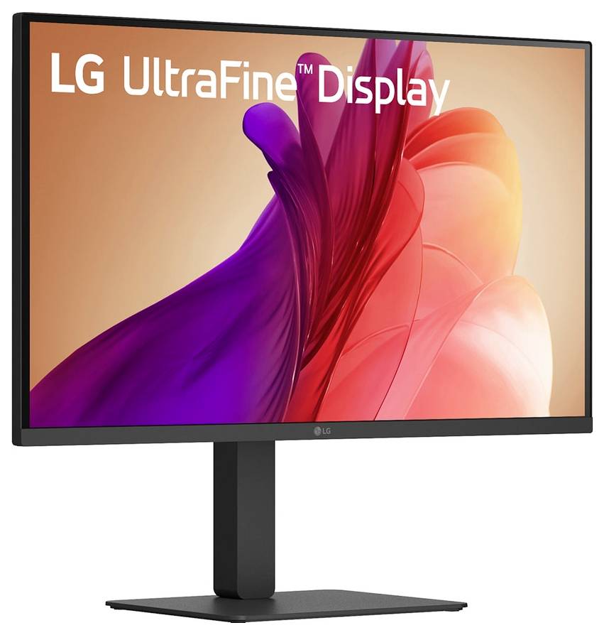 Een high-resolution LG UltraFine display met een minimalistisch design en een levendig abstract behang op het scherm, dat de kleurkwaliteit benadrukt.