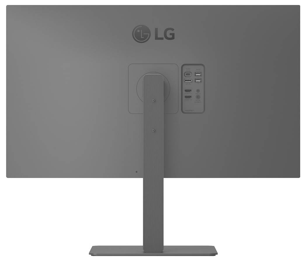 De achterkant van een grijze computermonitor die verschillende invoerpoorten toont, waaronder HDMI, USB en stroomverbinding.