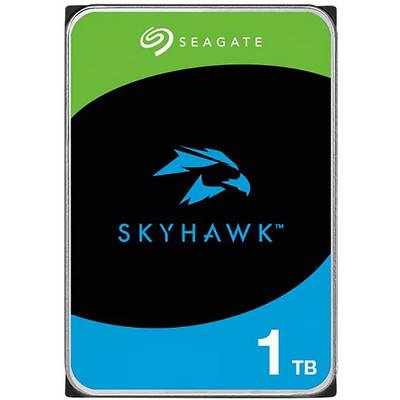 Een 'SkyHawk 1TB' Seagate harde schijf etiket met een blauw haviklogo op een zwarte achtergrond, omringd door groene en blauwe accenten.