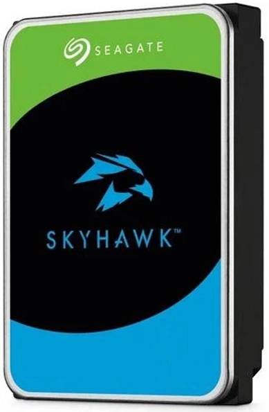 Een Seagate Skyhawk harde schijf met een groen en blauw label met een havenlogo, wat aangeeft dat hij is ontworpen voor opslag van beveiligingsbeelden.