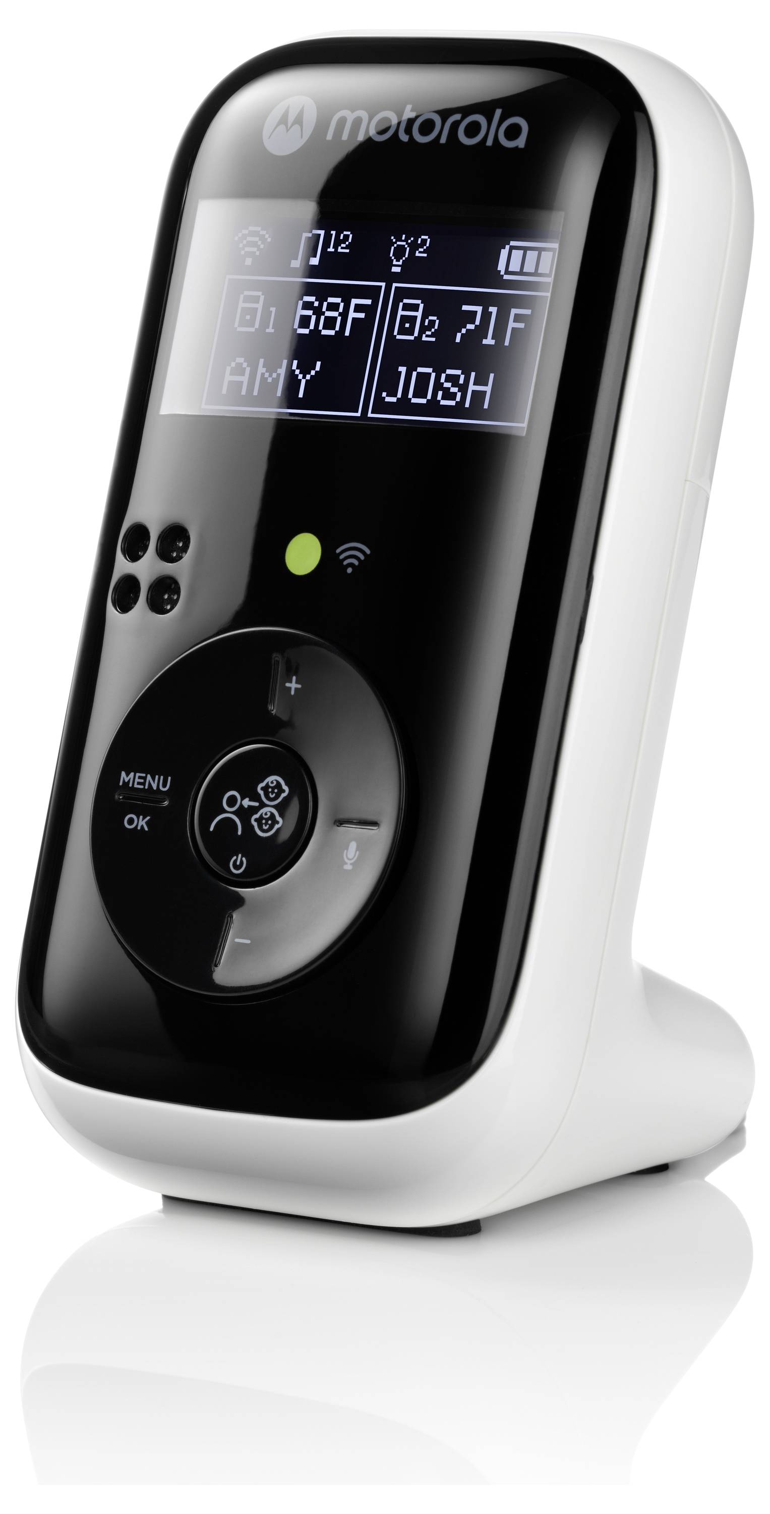 Digitaal babyfoon scherm met kamertemperaturen van 68°F voor 'Amy' en 71°F voor 'Josh'. Voorzien van menu en bedieningsknoppen.