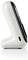 Een zijaanzicht van een witte en zwarte moderne draadloze telefoon, rechtop staand op zijn basis, met een strak design en laadpoort.