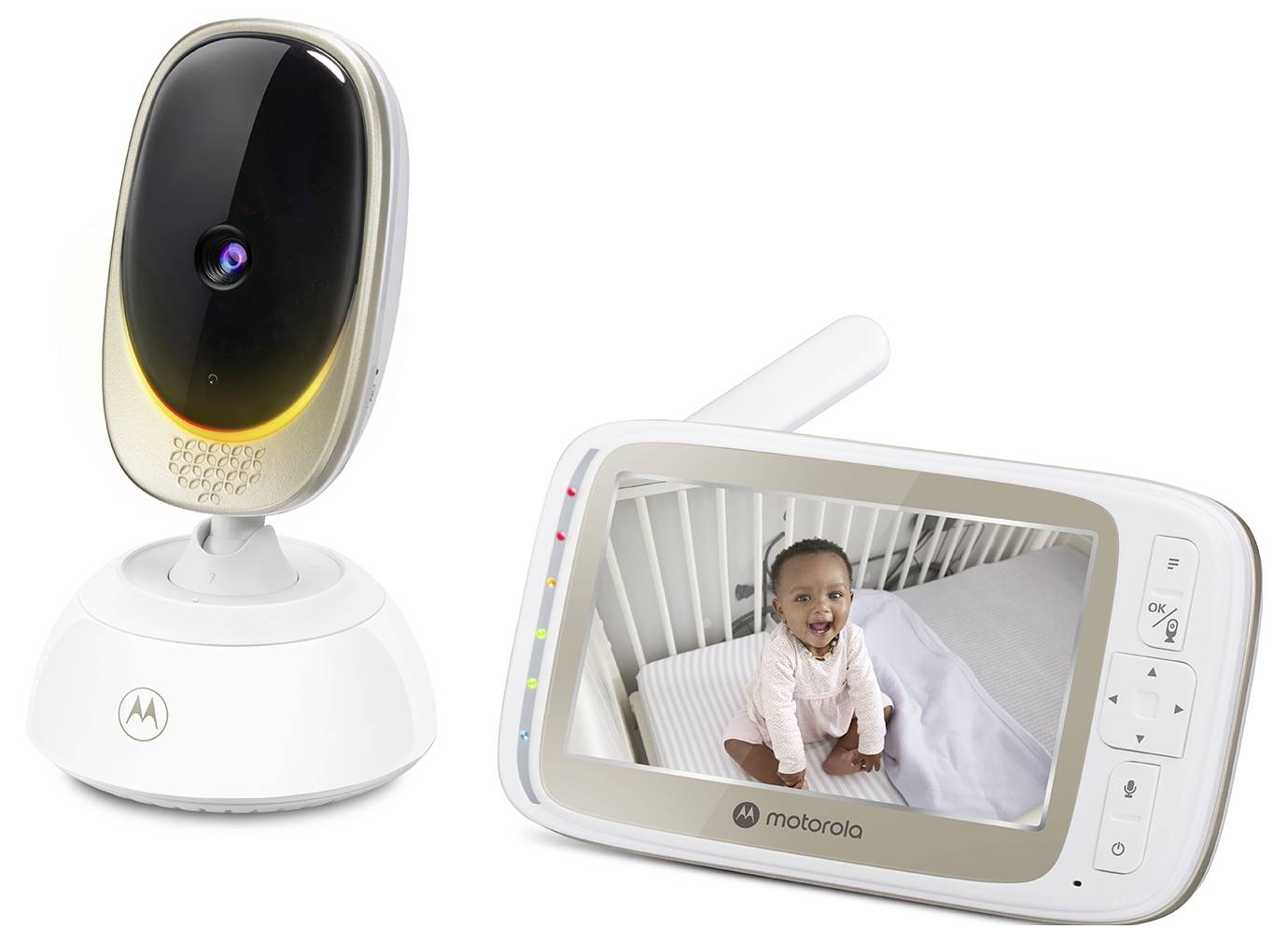 Een babyfoon met camera en display. De camera is zwart-wit, terwijl het display een lachende baby in een wieg toont.