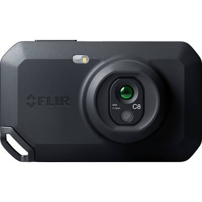 Een zwarte thermische camera met de merknaam 'FLIR' gegraveerd, met een centrale lens gemarkeerd als 'C8' en '1-6mm.'