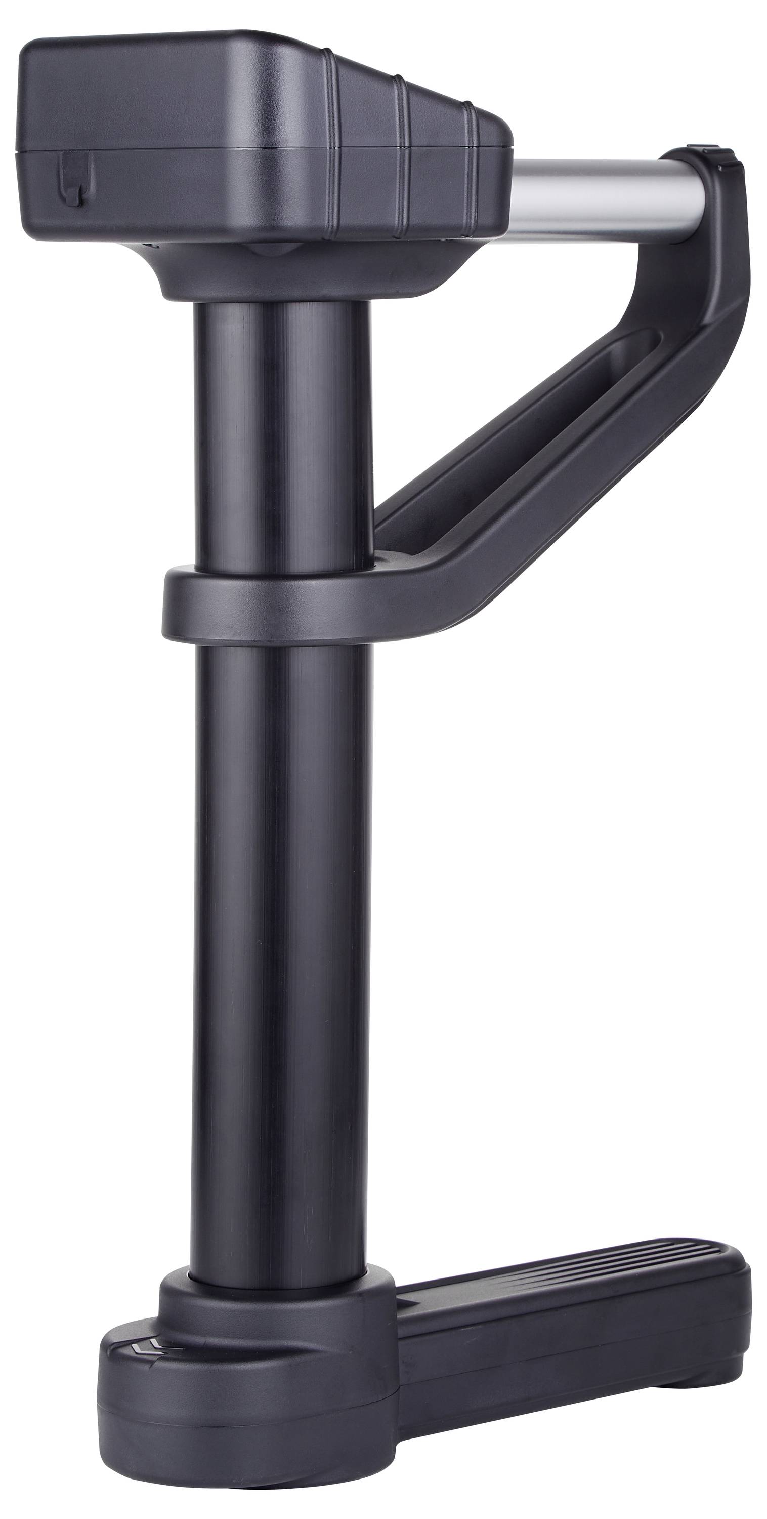 Een zwarte, gemotoriseerde lineaire actuator met een strak design, voorzien van een robuuste basis en een uitschuifbare arm, doorgaans gebruikt in verstelbare meubels.