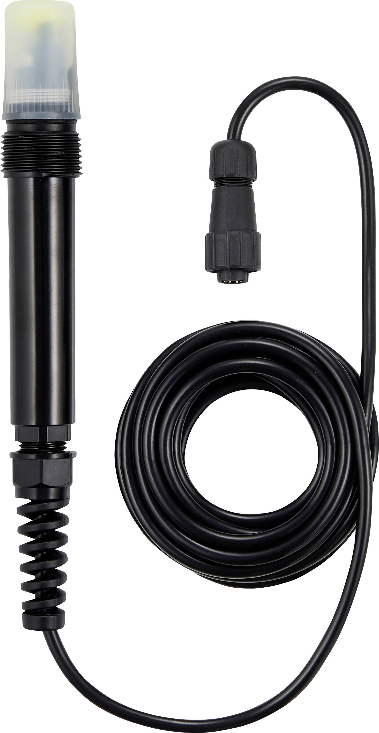 Een zwarte pH-sensorprobe met een gespiraliseerde kabel, gebruikt voor het meten van de zuurgraad of alkaliniteit in vloeistoffen.