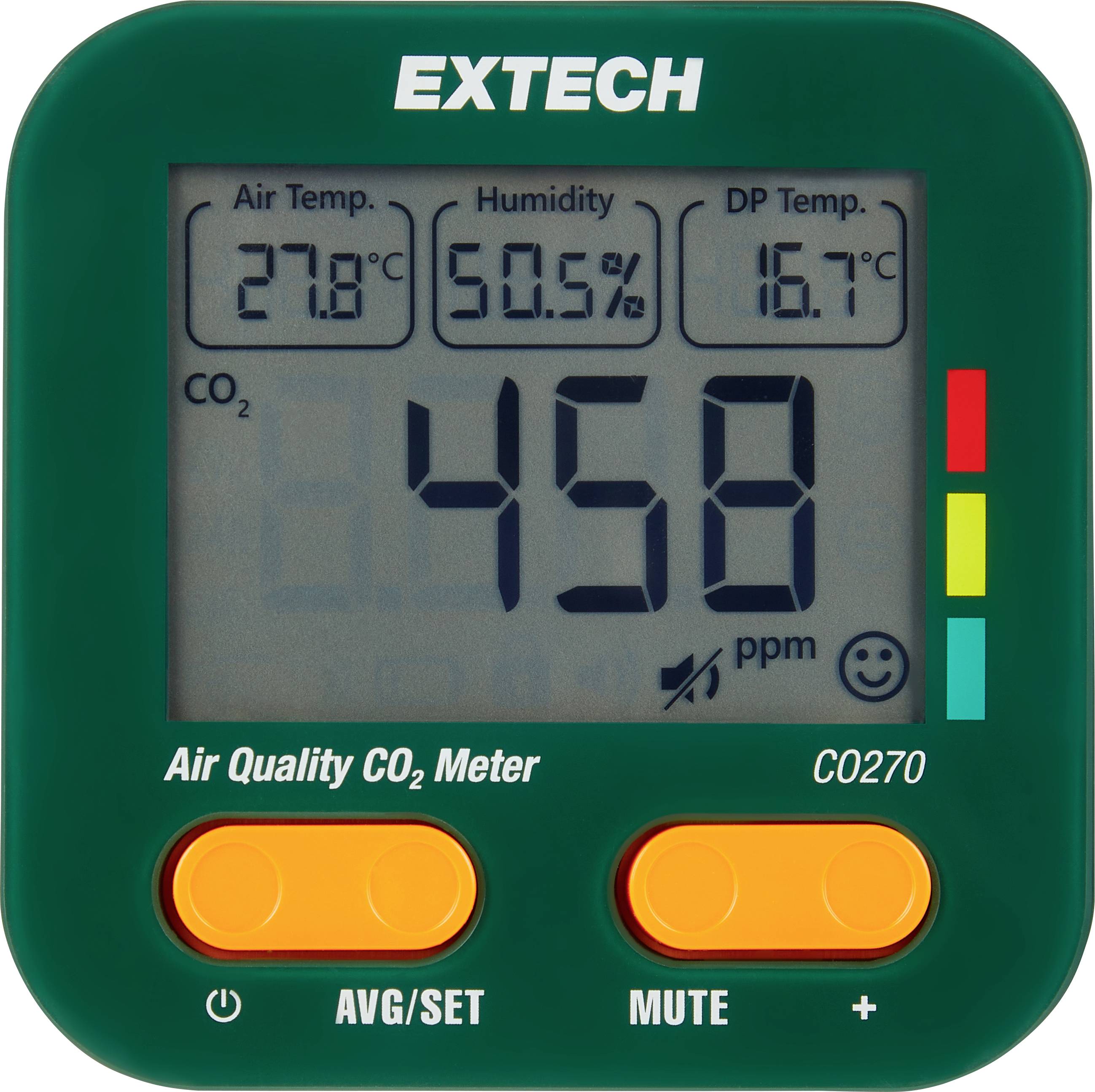 'Extech luchtkwaliteit CO2-meter toont luchtemperatuur 27,8°C, luchtvochtigheid 50,5%, dauwpunt 16,7°C en CO2-niveau 458 ppm.'