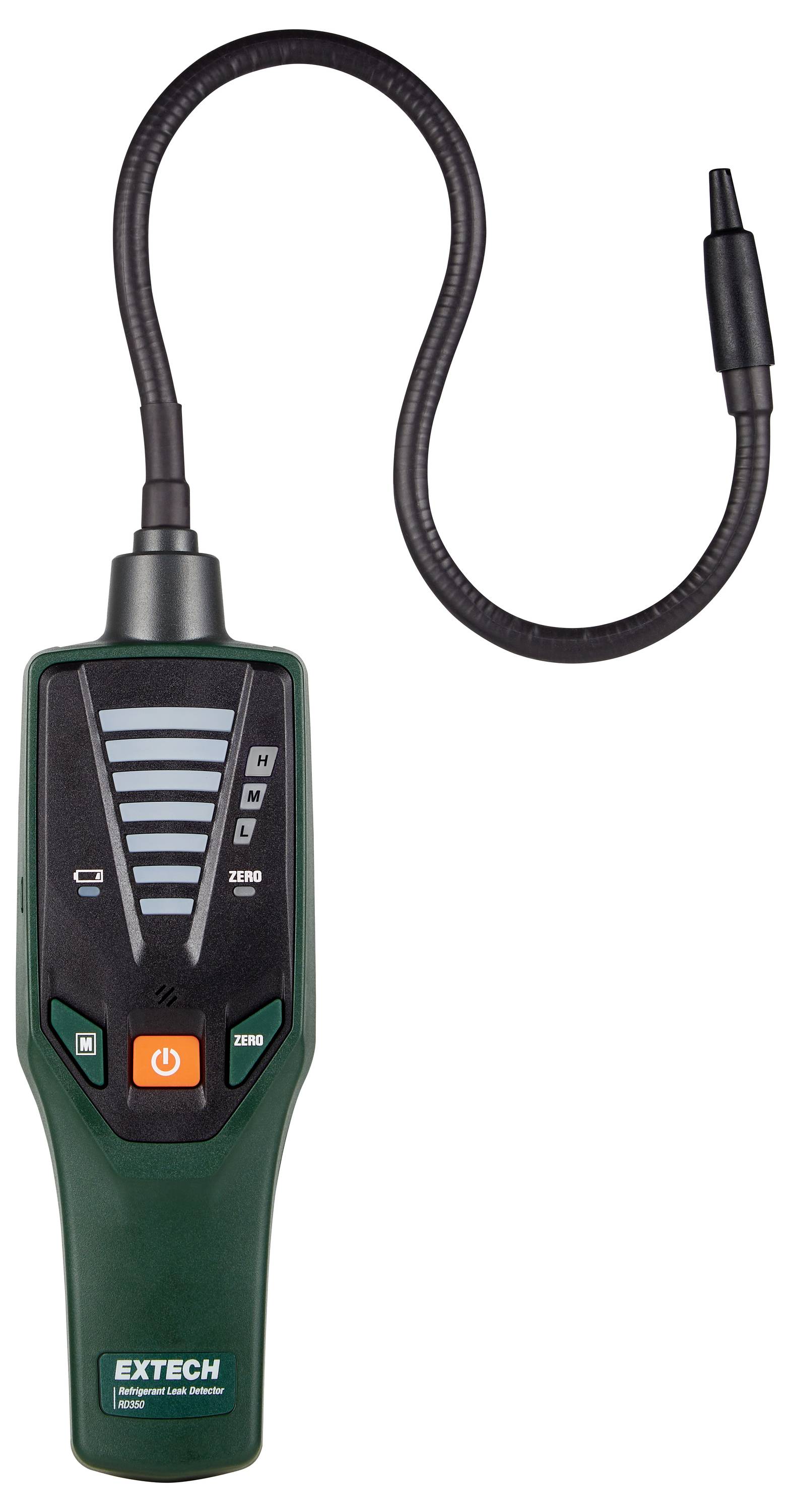 Een draagbare gasdetector met een flexibele sonde en bedieningsknoppen, gebruikt voor het opsporen van gaslekken, afgebeeld tegen een neutrale achtergrond.