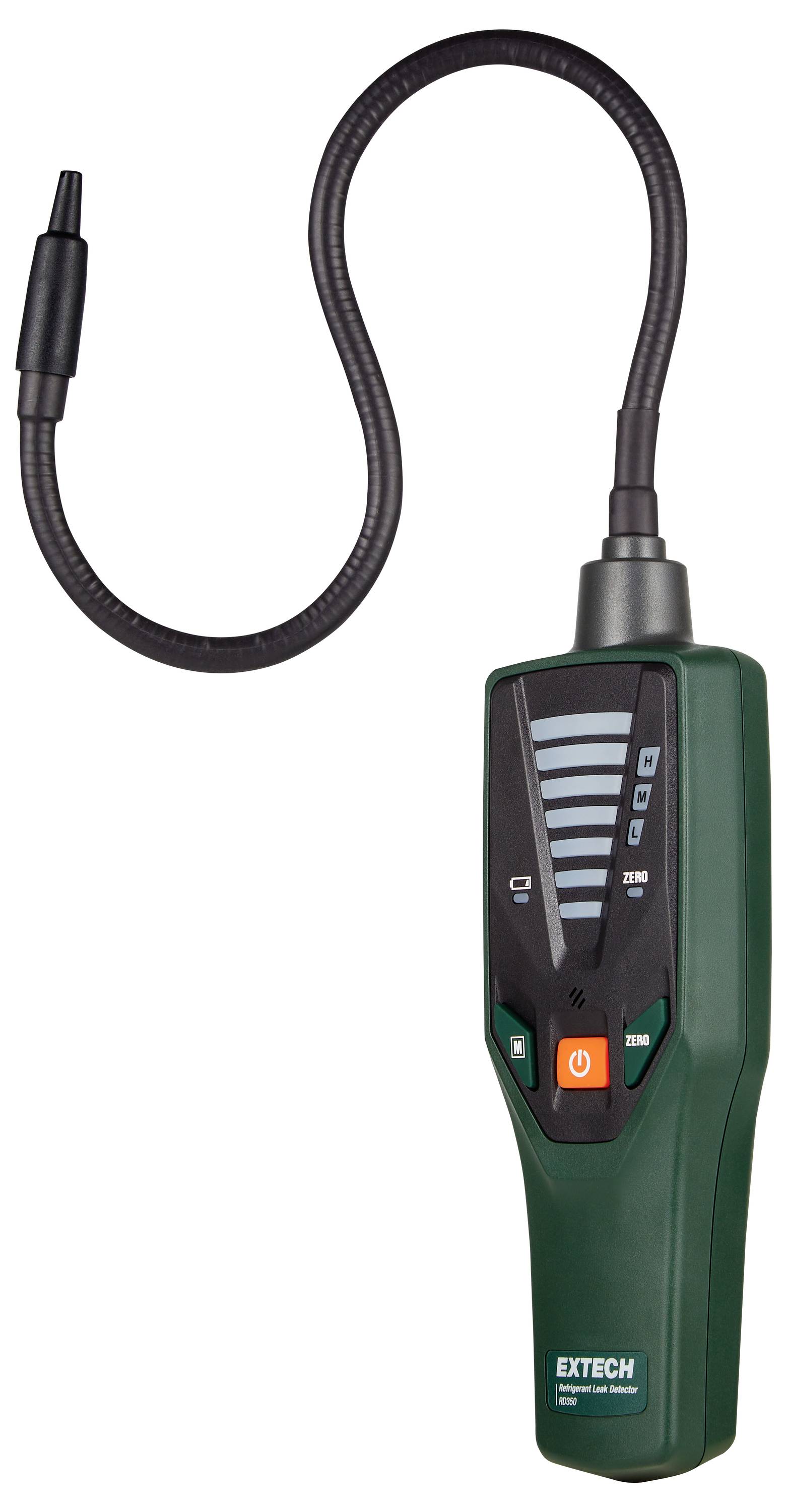 Een draagbare gasdetector met een flexibele sonde, voorzien van een aan/uit-schakelaar, gevoeligheidstoetsen en indicatorlampjes voor het opsporen van lekken.