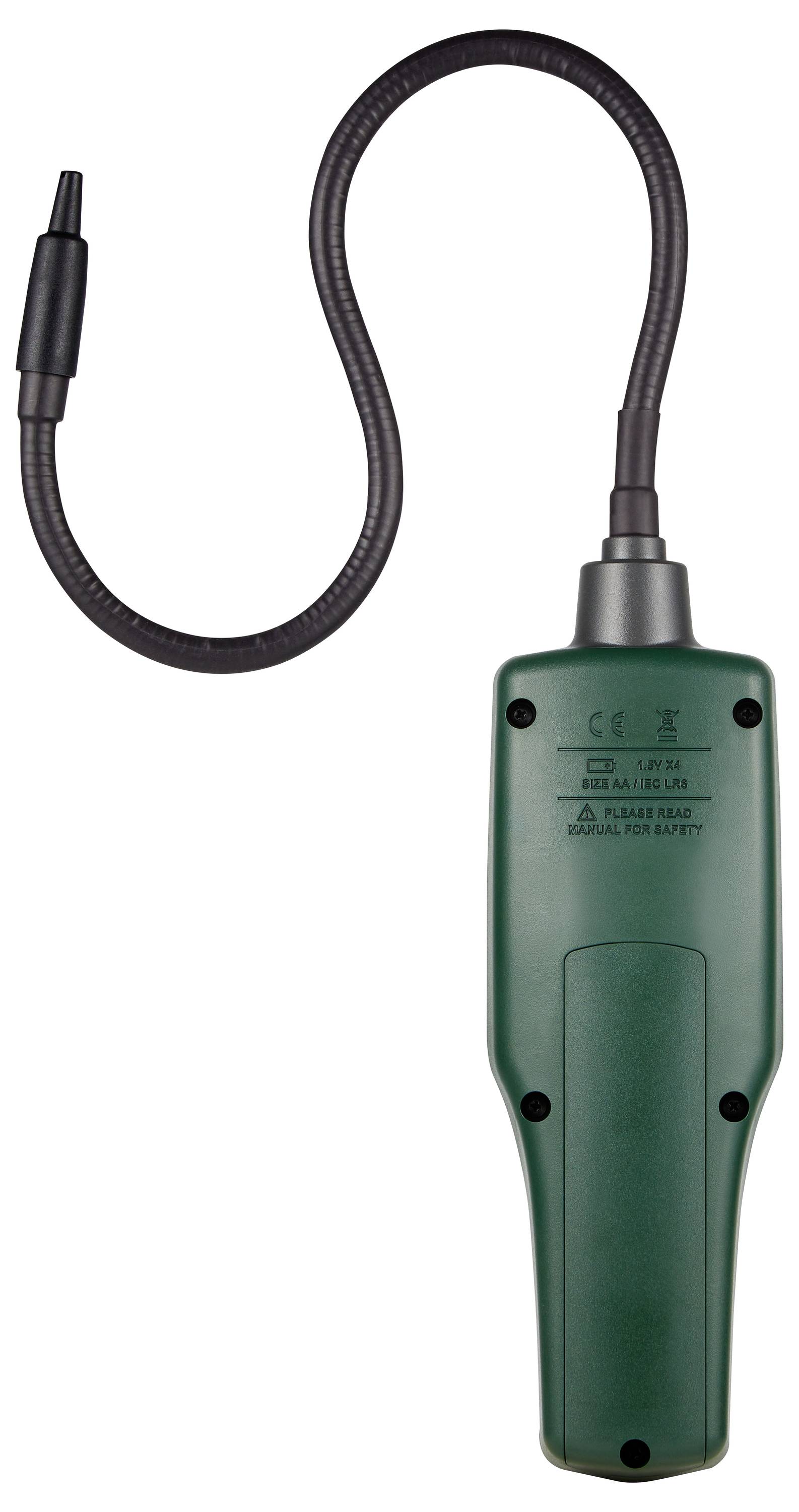 Een groene draagbare elektronische gaslekdetector met een flexibele sonde, ontworpen voor het identificeren van gaslekken in verschillende omgevingen.