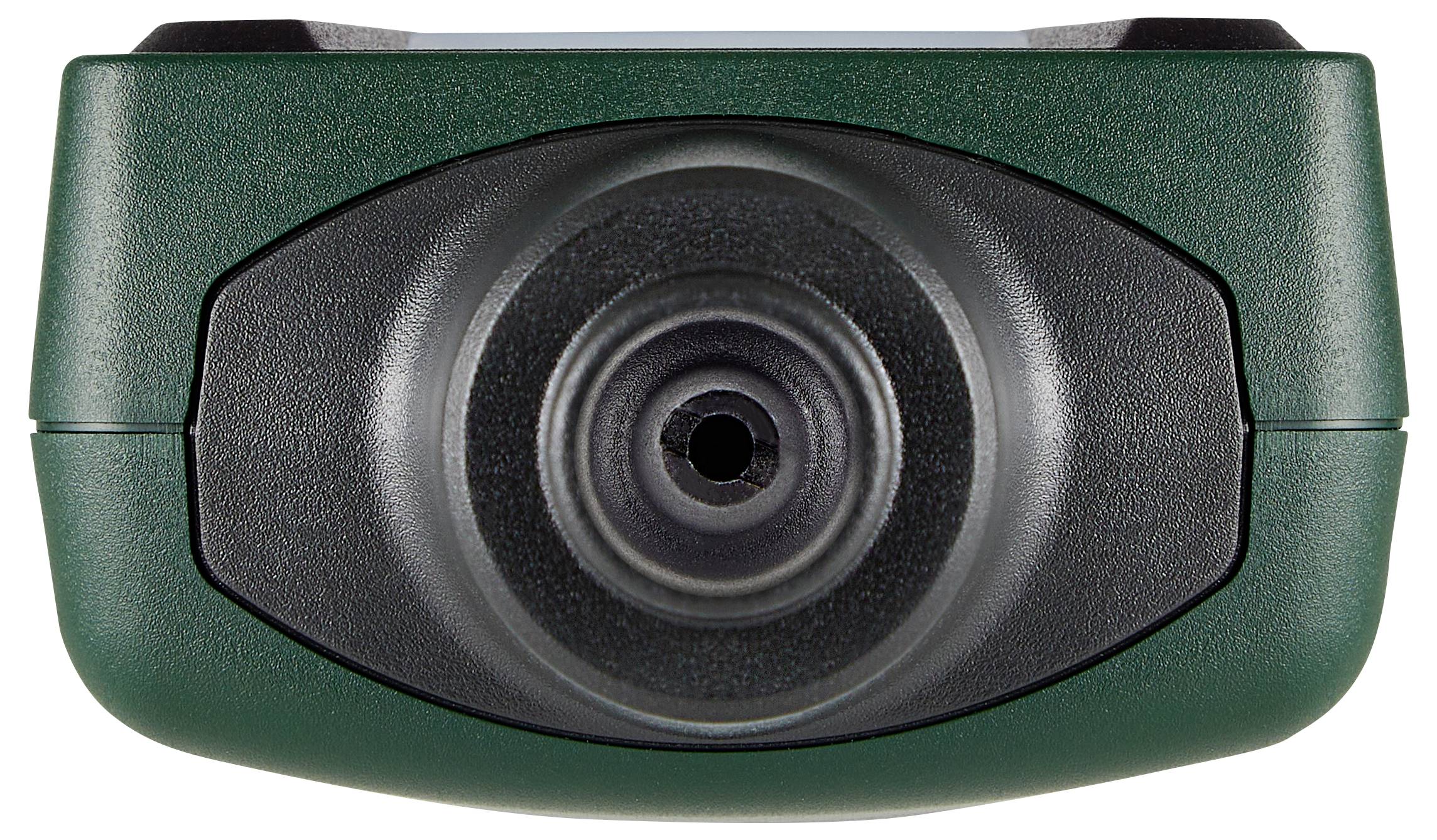 Close-upfoto van een cameralens van een digitale camera die recht op de kijker is gericht, met een groen en zwart buitenoppervlak.