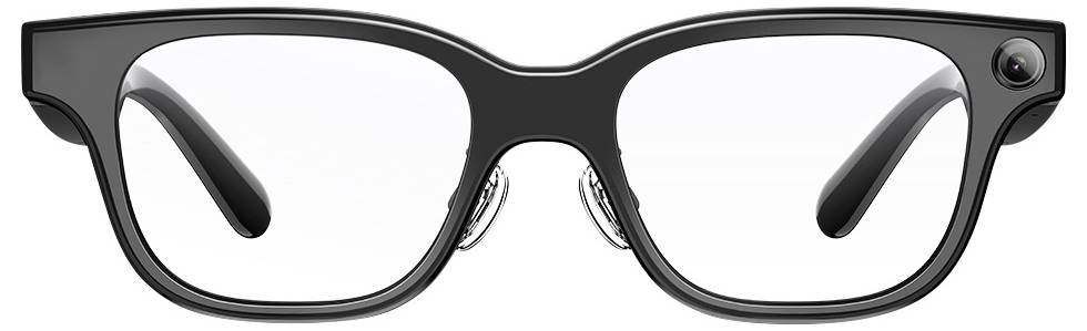 Zwarte rechthoekige slimme bril met ingebouwde camera in de bovenste rechterhoek van de montuur.